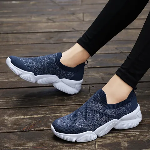Women Casual Slip-on Sneakers Breathable Flyknit Lightweight Walking Shoes Thick Sole Glitter Fashion Sport Footwear