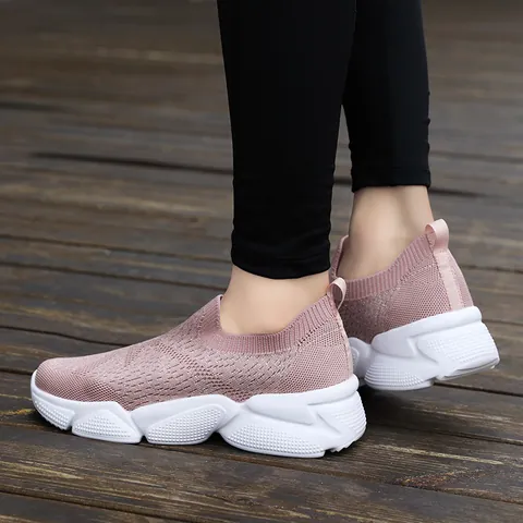 Women Casual Slip-on Sneakers Breathable Flyknit Lightweight Walking Shoes Thick Sole Glitter Fashion Sport Footwear