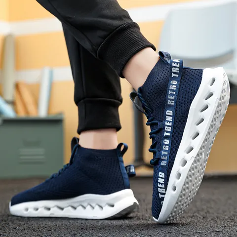 Men's Casual High Top Knit Sneakers Breathable Fly Woven Sock Shoes With Hollow Out Shock Absorption Sole Fashion Sport Walking Shoes