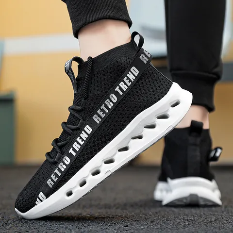 Men's Casual High Top Knit Sneakers Breathable Fly Woven Sock Shoes With Hollow Out Shock Absorption Sole Fashion Sport Walking Shoes