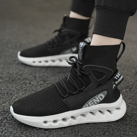 Men High Top Sock Sneakers Breathable Knitted Mesh Upper Thick Sole Hollow Cushioning Letter Print Fashion Sport Running Shoes