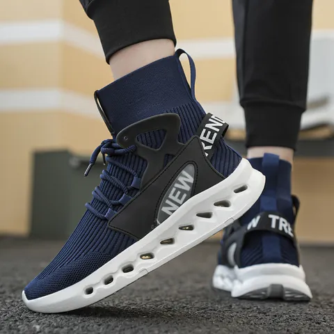 Men High Top Sock Sneakers Breathable Knitted Mesh Upper Thick Sole Hollow Cushioning Letter Print Fashion Sport Running Shoes