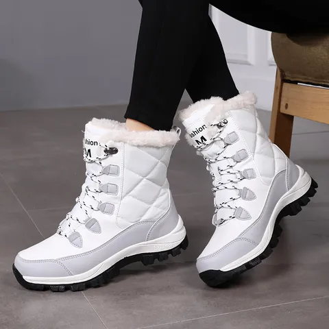 Women Winter Snow Boots Waterproof Quilted High Top Cotton Shoes With Faux Fur Lining Lace Up Anti Slip Outdoor Warm Boots