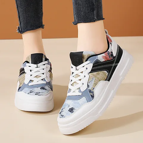Scarpe da Papà Chunky da Donna Moda Coreana Suola Spessa Sneakers Sportive All'aperto Traspirante Stampa Floreale Stringate Scarpe Casual