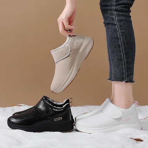 Women Winter Snow Boots Waterproof PU Leather Plush Lined Warm Mid Calf Boots Hook And Loop Anti Slip Outdoor Shoes