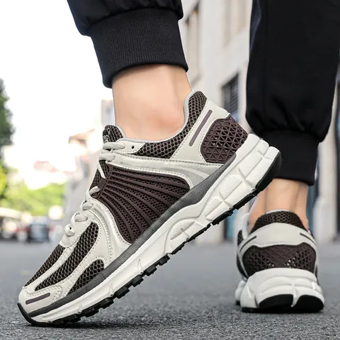 Men Retro Sports Running Shoes Mesh Synthetic Leather Patchwork Breathable Lightweight Low Top Casual Fashion Trendy Walking Footwear