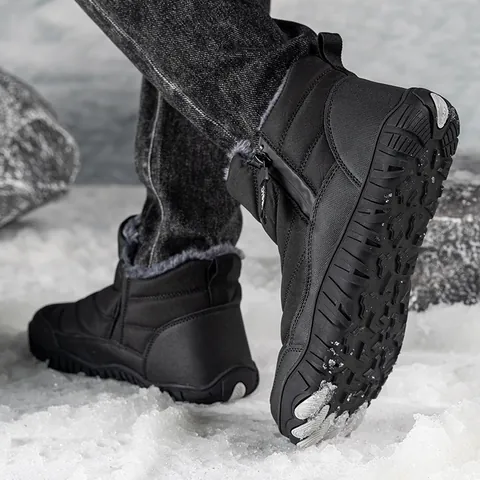 Unisex Outdoor Snow Boots Waterproof Jacquard Cloth Warm Plush Lining Non-Slip Hiking Shoes Side Zipper Winter Hiking Boots