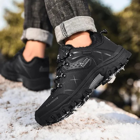Men's Outdoor Hiking Boots Fleece Lined Thickened Winter Warm Sneakers Anti Slip Rubber Sole Trekking Shoes Climbing Footwear