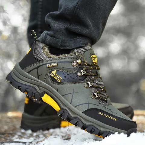 Men Outdoor Hiking Shoes Fleece Lined Winter Warm Trekking Boots Non Slip Low Top Sneakers For Mountaineering Casual Sports Walking