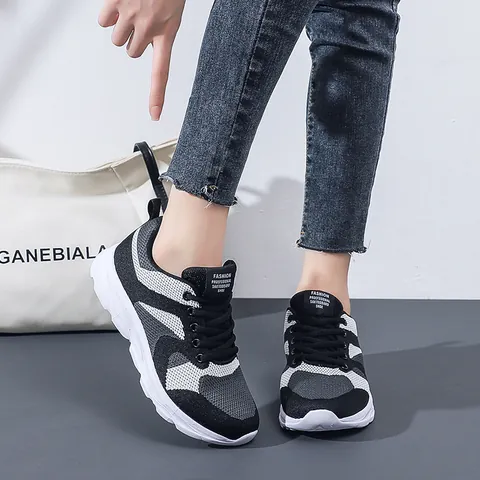 Women's Mesh Breathable Running Shoes Lightweight Soft Sole Knit Fashion Sneakers Black White Casual Student Athletic Shoes
