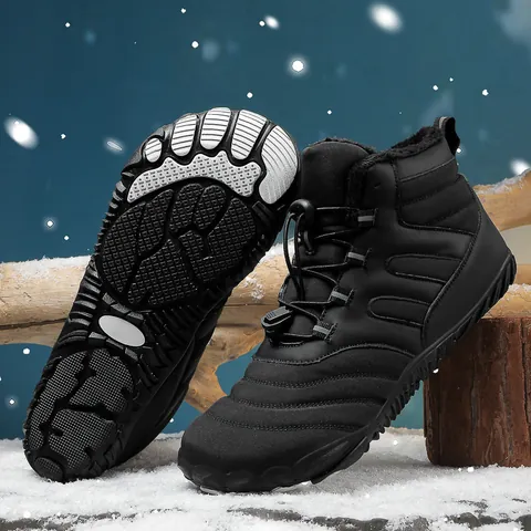 Barefoot Winter Snow Boots For Men Women Waterproof Plush Lined Warm Outdoor Mid-Calf Boots Anti-Slip Rubber Sole Elastic Drawstring Shoes