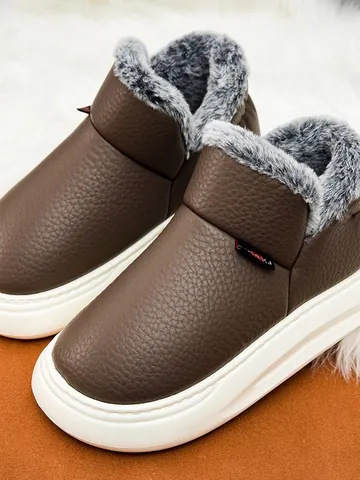 Zapatos de Algodón Cálidos de Invierno para Hombre y Mujer Cuero Artificial Textura de Lichi Suela Gruesa Forro de Piel Sintética Botas de Nieve Casual Antideslizante