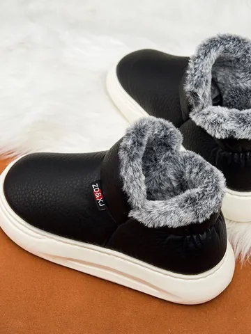 Zapatos de Algodón Cálidos de Invierno para Hombre y Mujer Cuero Artificial Textura de Lichi Suela Gruesa Forro de Piel Sintética Botas de Nieve Casual Antideslizante