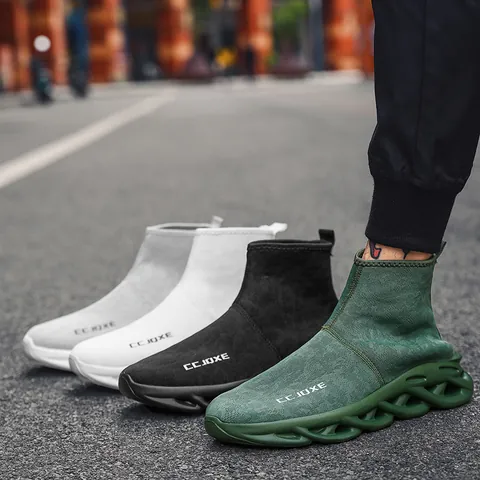 Men Fashion Sock Sneakers Breathable Flyknit High Top Slip On Hollow Sole Casual Sports Shoes Outdoor Walking Footwear