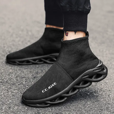 Men Fashion Sock Sneakers Breathable Flyknit High Top Slip On Hollow Sole Casual Sports Shoes Outdoor Walking Footwear