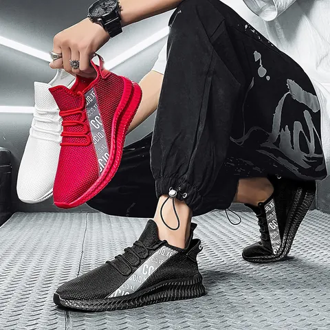 Men's Breathable Mesh Sneakers Lightweight Casual Running Shoes Fashion Low Top Non-Slip Sports Shoes For Men White Black Red