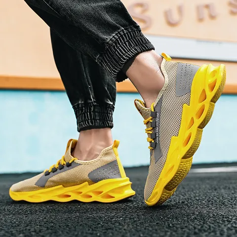 Men Breathable Fly Knit Running Shoes Hollow Blade Sole Lightweight Sports Casual Sneakers Walking Shoes Fashion Streetwear Footwear