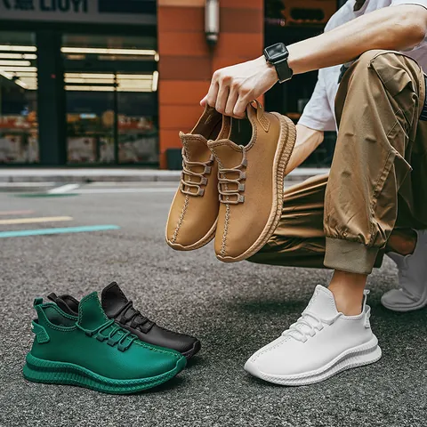 Men Fashion Casual Sneakers Synthetic PU Leather Low Top Breathable Running Shoes Outdoor Lightweight Slip-On Sports Shoes