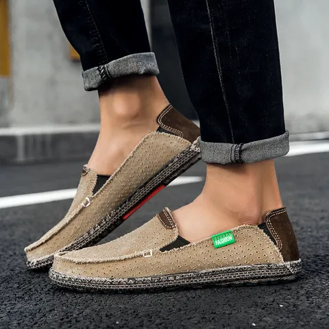 Men's Casual Slip-On Canvas Loafers Breathable Patchwork Walking Shoes With Rubber Sole Lightweight Daily Footwear For Men