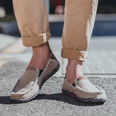 Men's Casual Slip-on Canvas Loafers Breathable Rubber Sole Outdoor Shoes With Raw Edge Fashion Walking Flats For Men