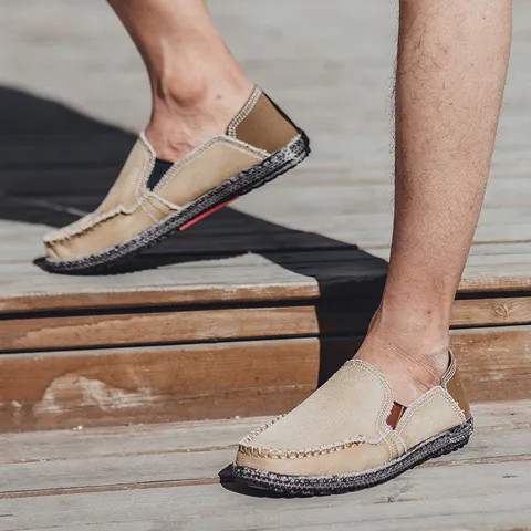 Men's Casual Canvas Loafers Breathable Slip On Flat Walking Shoes With Contrast Stitching Vintage Summer Lazy Shoes For Men Outdoor