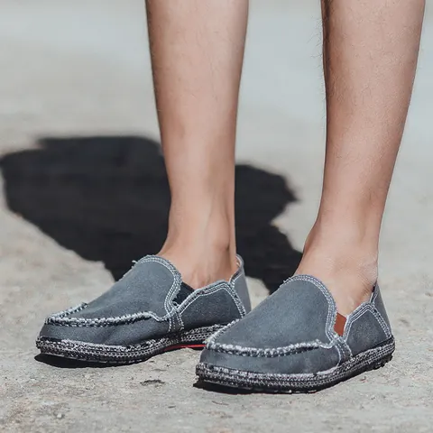 Men's Casual Canvas Loafers Breathable Slip On Flat Walking Shoes With Contrast Stitching Vintage Summer Lazy Shoes For Men Outdoor
