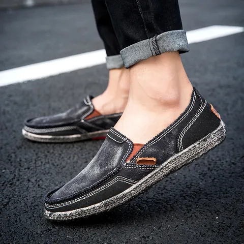 Men's Casual Canvas Slip-on Shoes Vintage Contrast Stitching Breathable Lightweight Loafers Walking Low Top Sneakers For Men