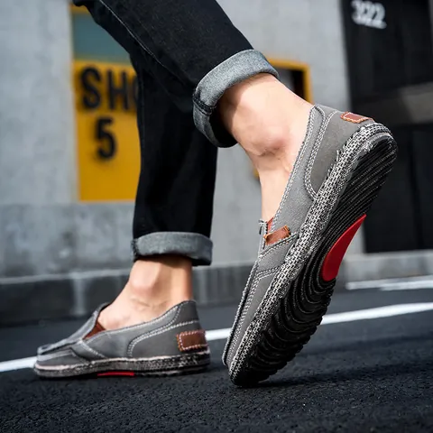 Men's Casual Canvas Slip-on Shoes Vintage Contrast Stitching Breathable Lightweight Loafers Walking Low Top Sneakers For Men
