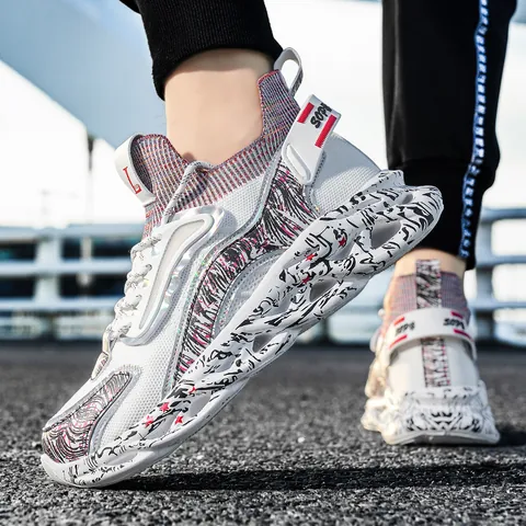 Men's Trendy Chunky Sports Shoes Breathable Mesh Platform Sneakers With Graffiti Sole Streetwear Athletic Casual Footwear