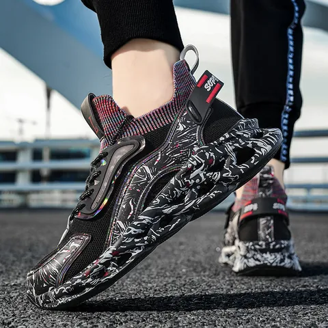 Men's Trendy Chunky Sports Shoes Breathable Mesh Platform Sneakers With Graffiti Sole Streetwear Athletic Casual Footwear