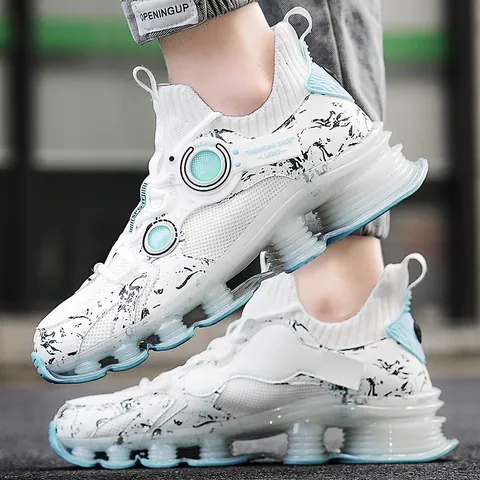 Men Casual Sports Shoes Lightweight Breathable Fly-knit Mechanical Blade Sole Cushioning Fashion Sneakers Streetwear Walking Shoes