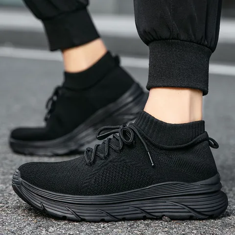 Herren Atmungsaktive Fly-Knit Socken Sportschuhe Leichte Dicke Sohle Schnür-Sneaker Für Lässiges Outdoor Laufen Fitness Wandern