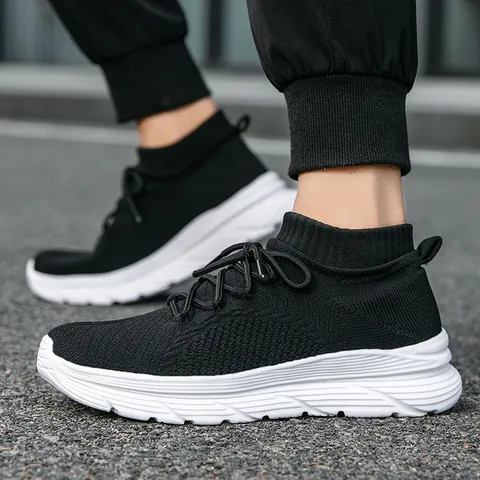 Herren Atmungsaktive Fly-Knit Socken Sportschuhe Leichte Dicke Sohle Schnür-Sneaker Für Lässiges Outdoor Laufen Fitness Wandern