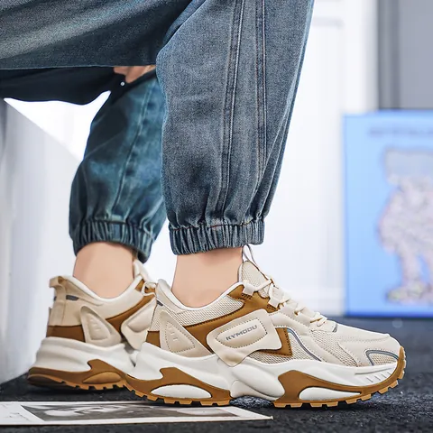 Men's Fashion Sneakers Breathable Mesh Synthetic Leather Chunky Sole Retro Athletic Casual Shoes Height Increasing Outdoor Walking Shoes