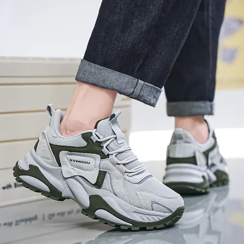 Men's Fashion Sneakers Breathable Mesh Synthetic Leather Chunky Sole Retro Athletic Casual Shoes Height Increasing Outdoor Walking Shoes