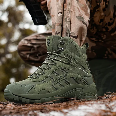 Men High Top Tactical Combat Boots Outdoor Hiking Mountaineering Shoes Non Slip Breathable Microfiber Cowhide Suede Military Desert Boots