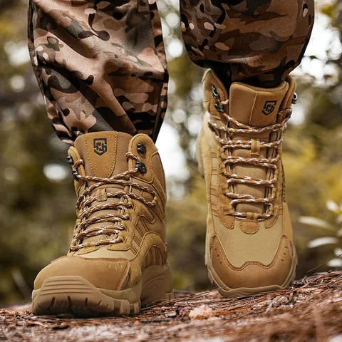 Men High Top Tactical Combat Boots Outdoor Hiking Mountaineering Shoes Non Slip Breathable Microfiber Cowhide Suede Military Desert Boots