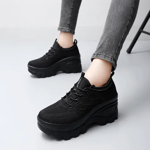 Women Wedge Platform Sneakers Breathable Flyknit Casual Walking Shoes Lightweight Slip On Comfort Footwear Heart Decor Fashion Shoes
