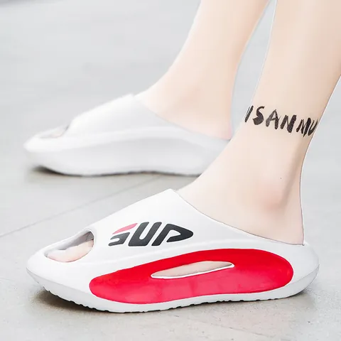 Men Trendy Sporty Slides EVA Thick Sole Non-Slip Casual Slippers SUP Letter Print Hollow Out Contrast Color Beach Sandals