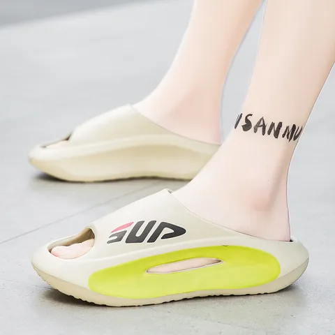 Men Trendy Sporty Slides EVA Thick Sole Non-Slip Casual Slippers SUP Letter Print Hollow Out Contrast Color Beach Sandals