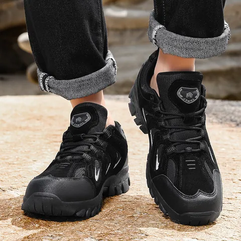 Men Outdoor Hiking Shoes Mesh Synthetic Leather Wear Resistant Non Slip TPR Sole Mid Top Breathable Trekking Walking Sneakers
