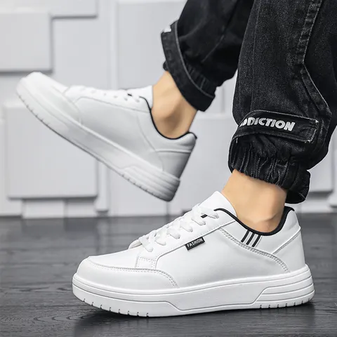 Men's Casual Fashion White Sneakers Low Top Synthetic Leather Board Shoes Fashion Label Striped Lace Up Athletic Walking Shoes