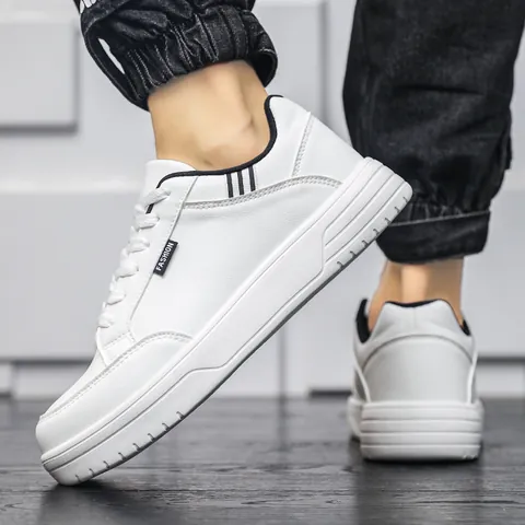 Men's Casual Fashion White Sneakers Low Top Synthetic Leather Board Shoes Fashion Label Striped Lace Up Athletic Walking Shoes