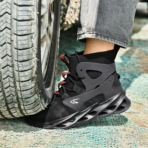 High Top Steel Toe Safety Shoes For Men Women Puncture Proof Kevlar Midsole Breathable Flying Knit Construction Work Boots Lightweight Shock Absorption