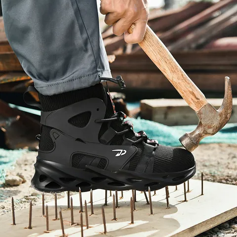 High Top Steel Toe Safety Shoes For Men Women Puncture Proof Kevlar Midsole Breathable Flying Knit Construction Work Boots Lightweight Shock Absorption