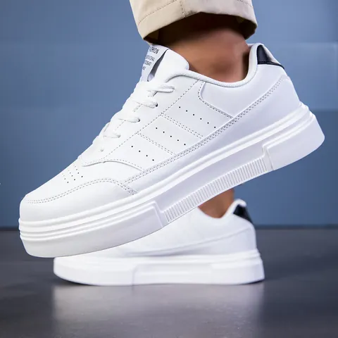 Heren Mode Witte Sneakers Synthetisch PU Leer Dikke Zool Skateschoenen Casual Lage Top Veterschoenen Ademend Sportief