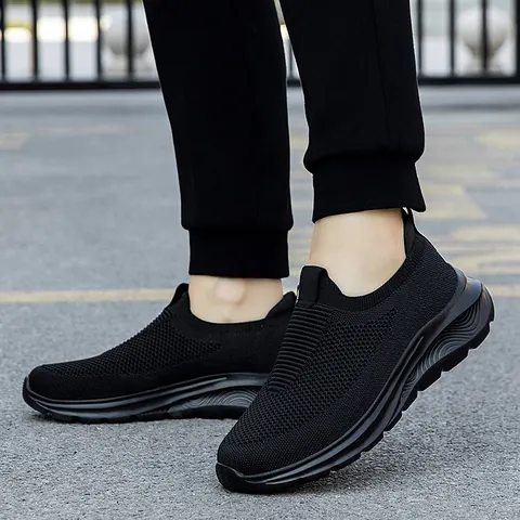 Women Men Slip On Walking Shoes Breathable Flyknit Mesh Lightweight Elderly Parents Casual Sport Sneakers Thick Sole Non Slip Comfy Footwear