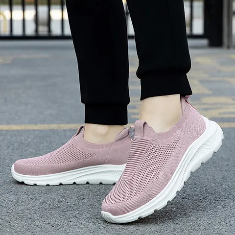 Women Men Slip On Walking Shoes Breathable Flyknit Mesh Lightweight Elderly Parents Casual Sport Sneakers Thick Sole Non Slip Comfy Footwear
