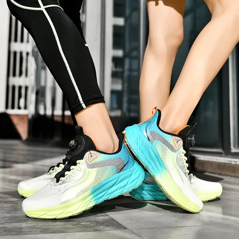 Fashion Unisex Running Shoes Breathable Mesh Sneakers With Swivel Buckle Rotating Button Lacing Lightweight Shock Absorption Athletic Shoes For Men Women