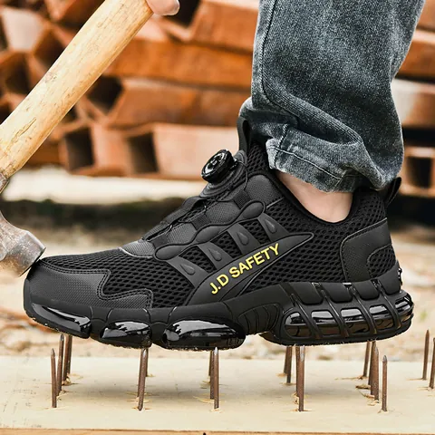 Steel Toe Safety Shoes Men Women Breathable Mesh Work Sneakers Anti-Puncture Kevlar Midsole Rotation Buckle Black